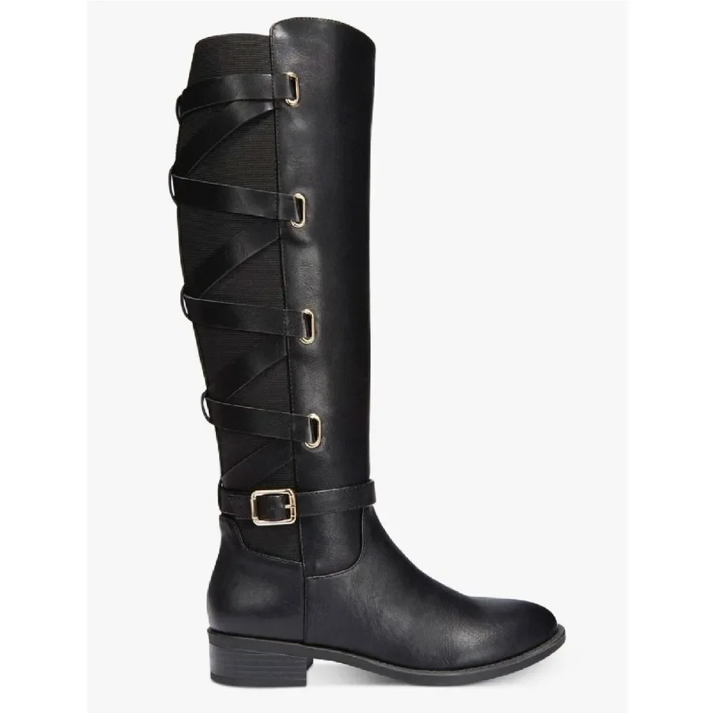 Thalia Sodi Veronika Black Knee High Wide Calf Boots 7WIDE NWOT Back Lace Up